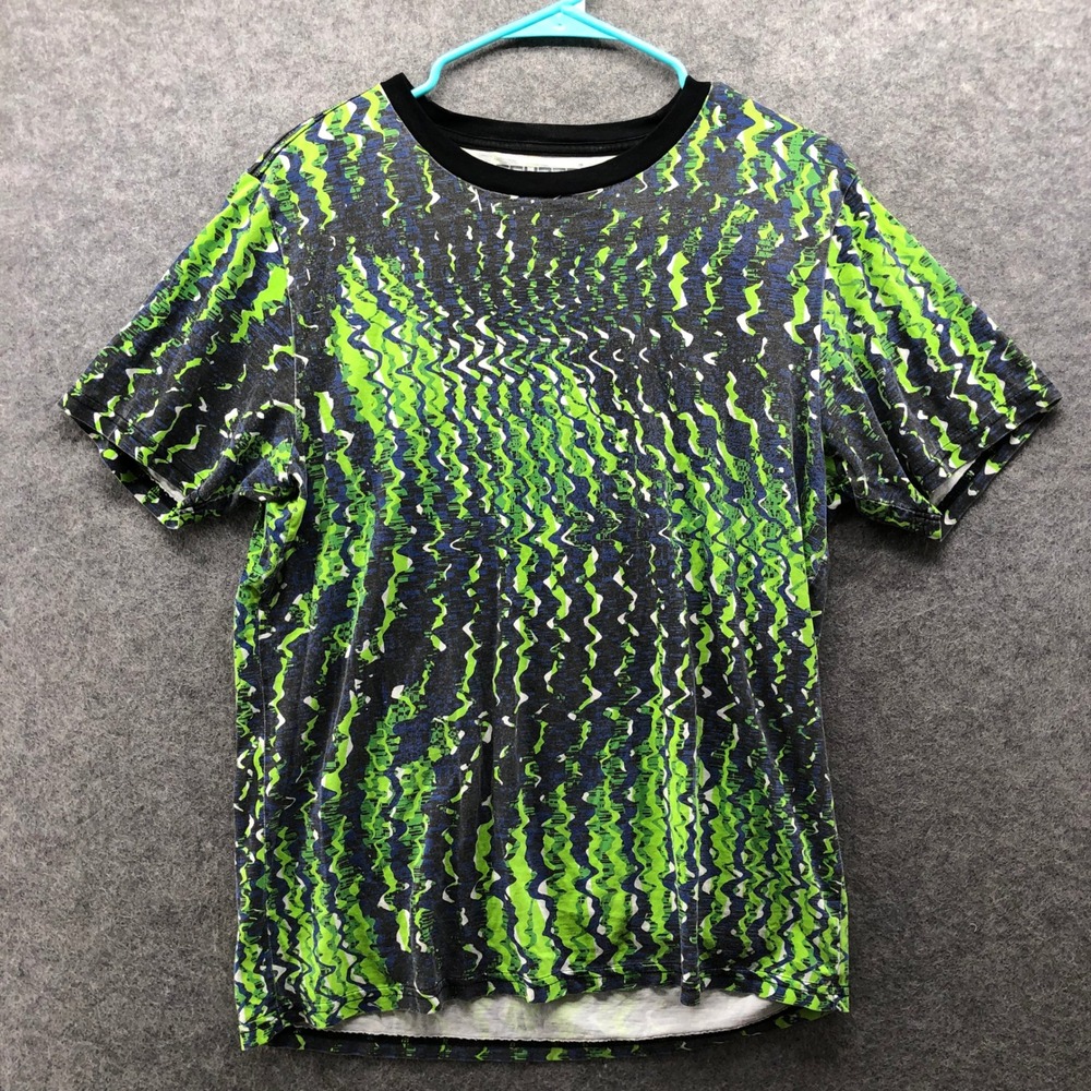 Crypto Cyber Y2K Rave Glitch Print Organic Cotton Tee Neon Green Mens M Skater